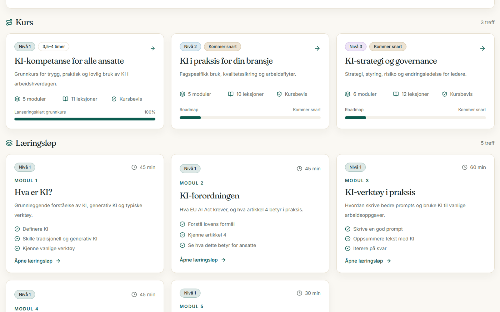 Fremtidskurs-katalog med tre kompetansenivåer og praktiske læringsmoduler