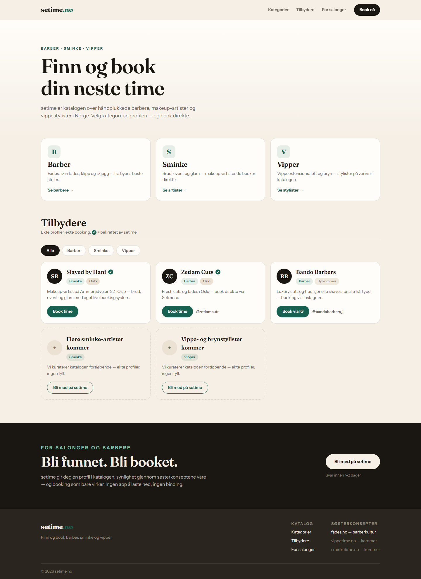 Setime, tilbyderkatalog og bookingplattform